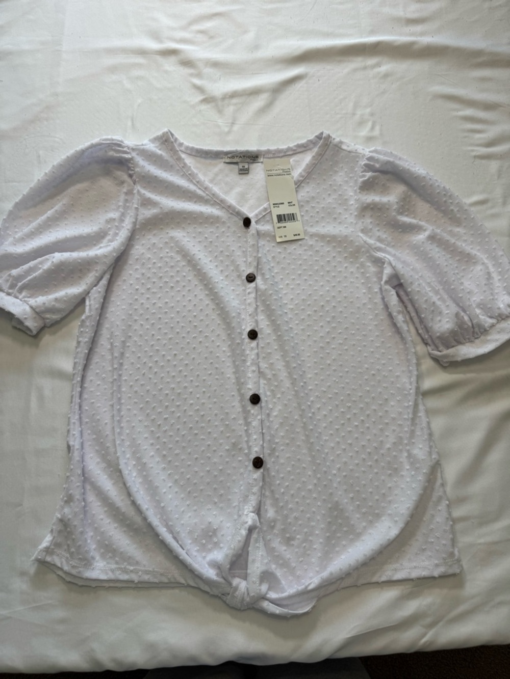 Notations White Swiss Dot Button-Up Puff Sleeve Blouse with Front Knot